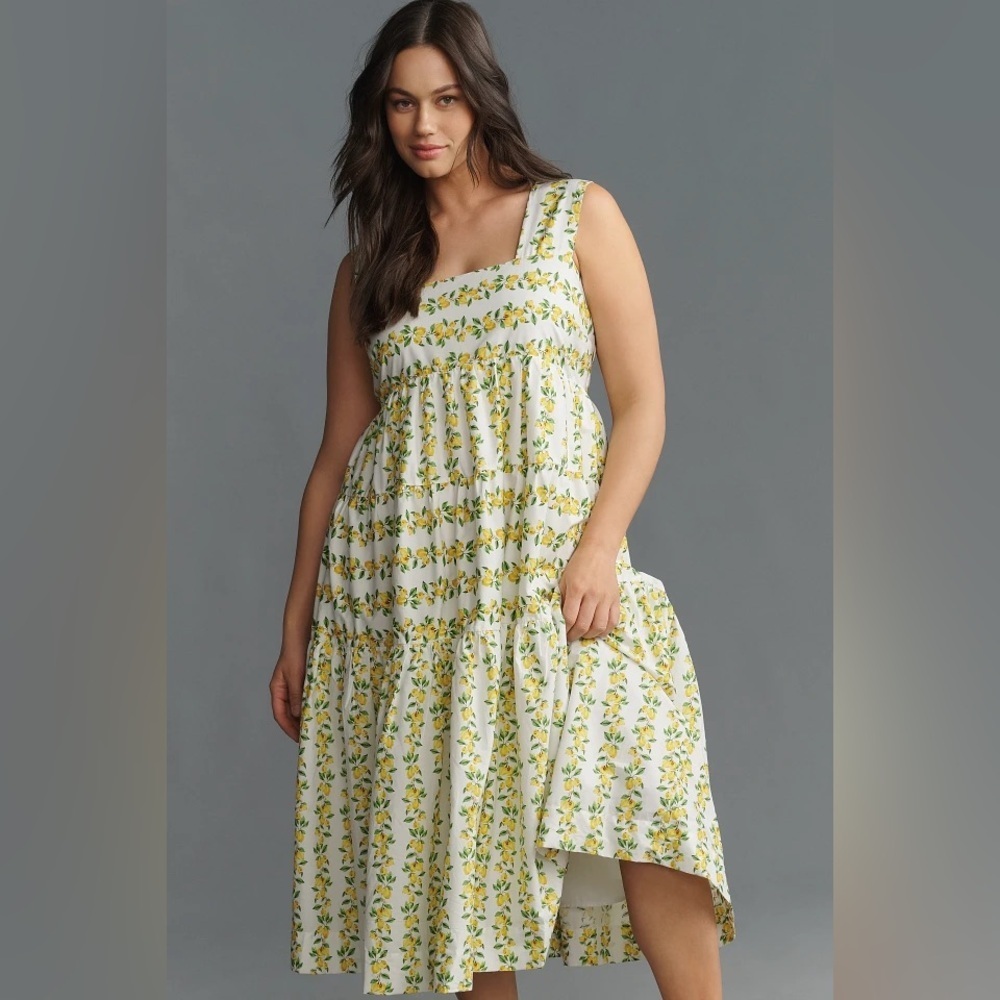 NWT Size S- The Helena Cotton Smocked Midi dress : Lemon Motif (NWT US$ 168)
